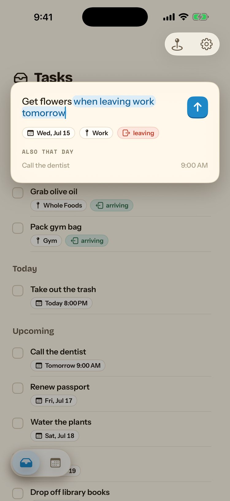 Paloma's capture screen showing the reminder "get flowers when leaving work tomorrow" with the time and place already highlighted