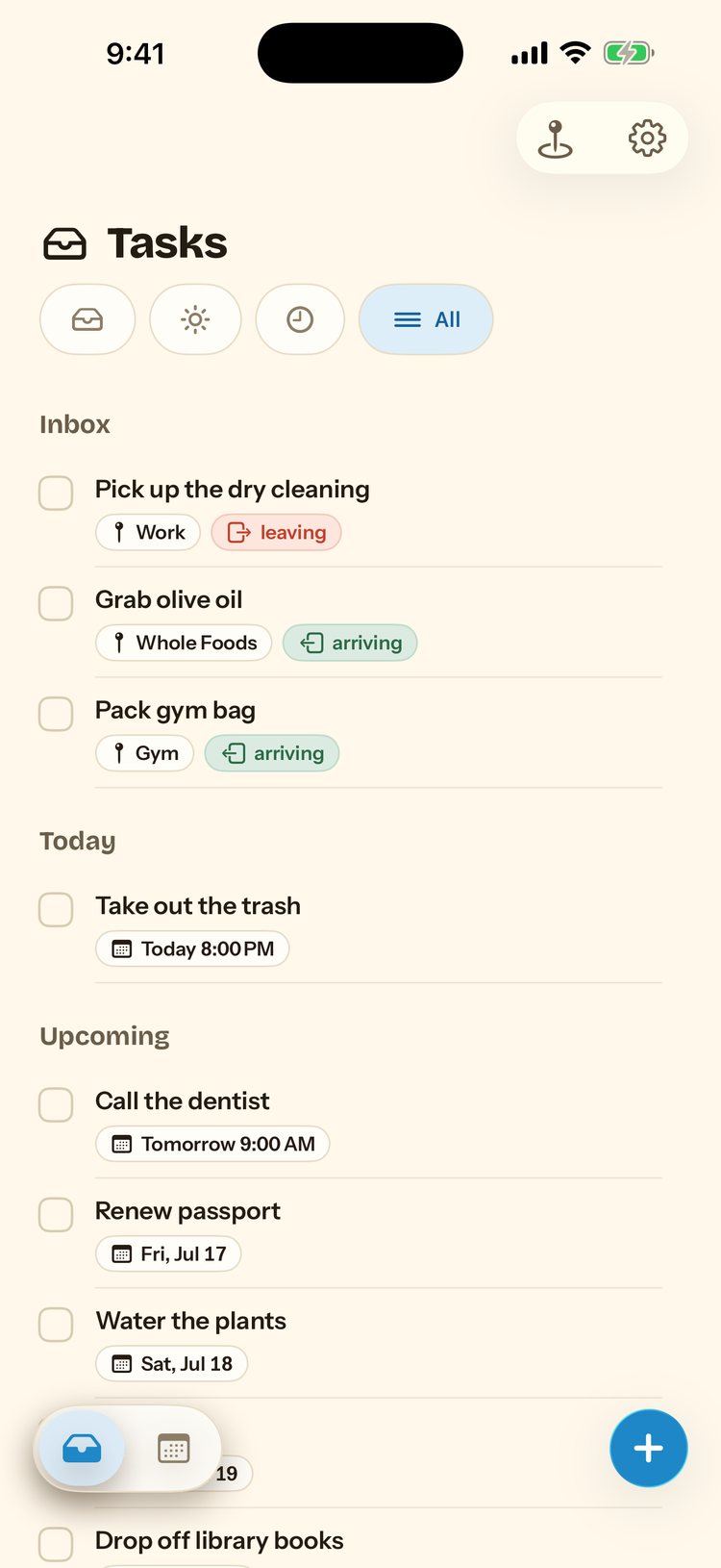 Paloma's day feed showing reminders grouped into Inbox, Today, and Upcoming