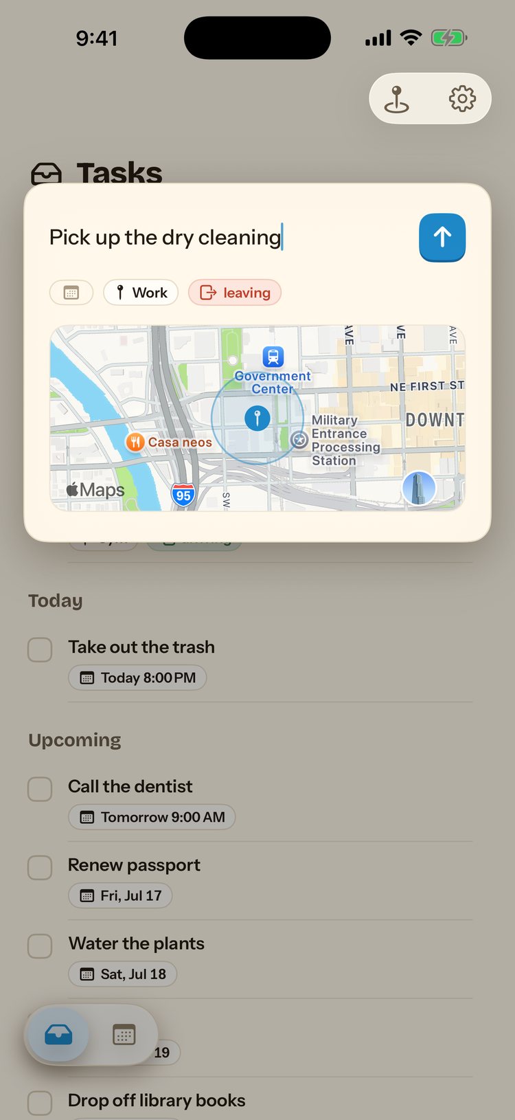 Paloma's place detail screen showing a geofence radius around a saved work location